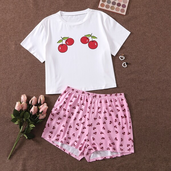 

Plus Cherry Print Tee With Shorts, Multicolor