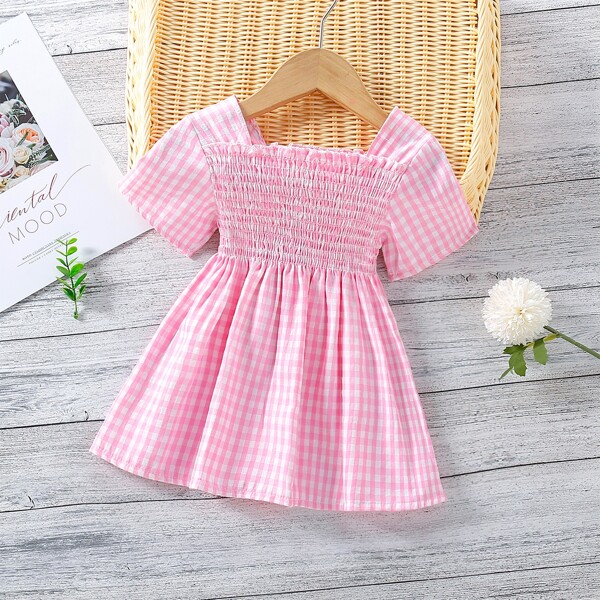 

Toddler Girls Gingham Shirred Frill Blouse, Baby pink