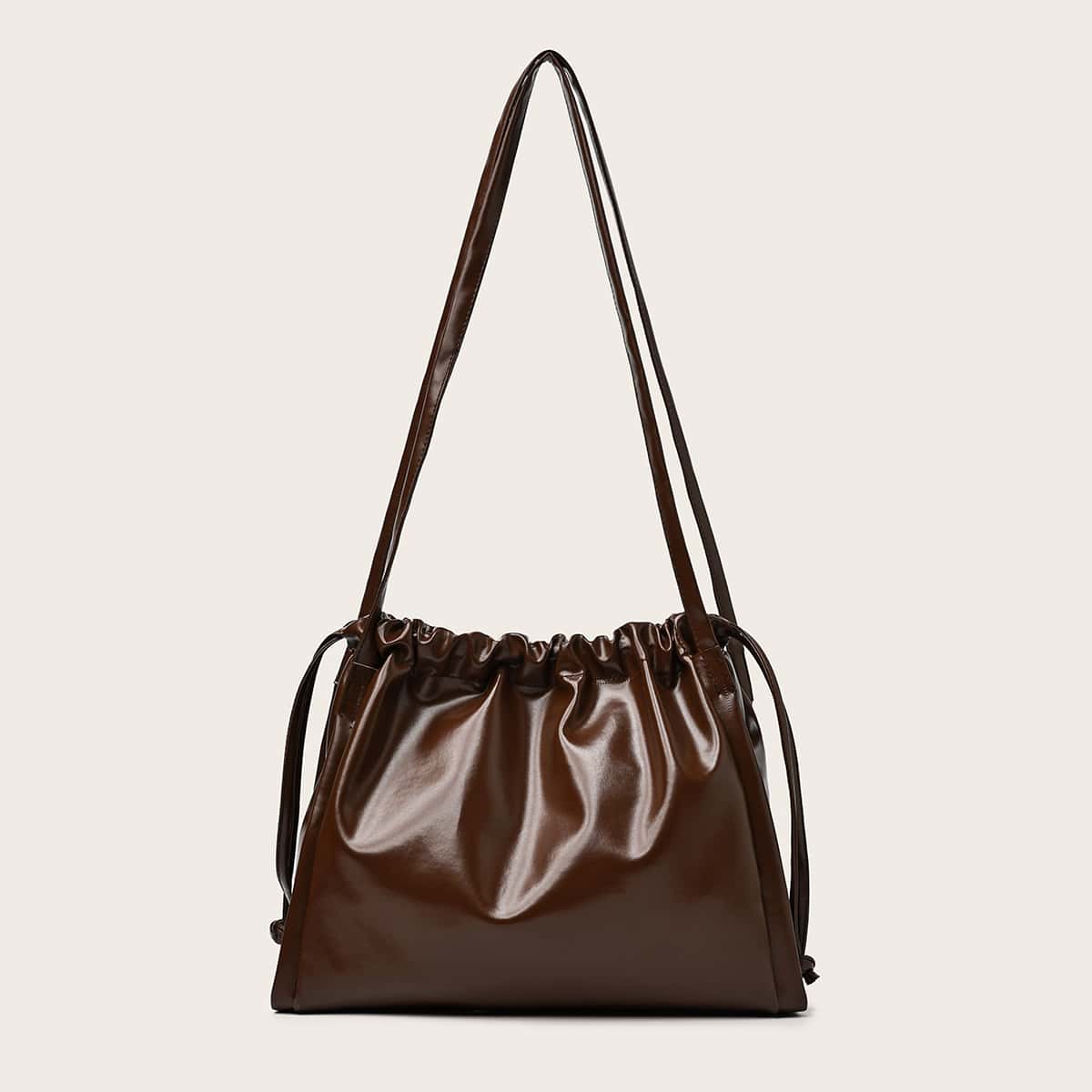 

Solid Drawstring Tote Bag, Coffee brown