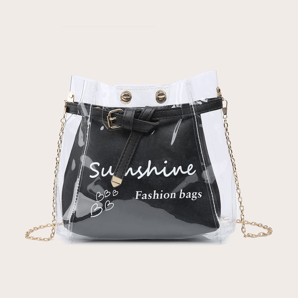 

Letter Graphic Clear Bucket Bag, Black clear