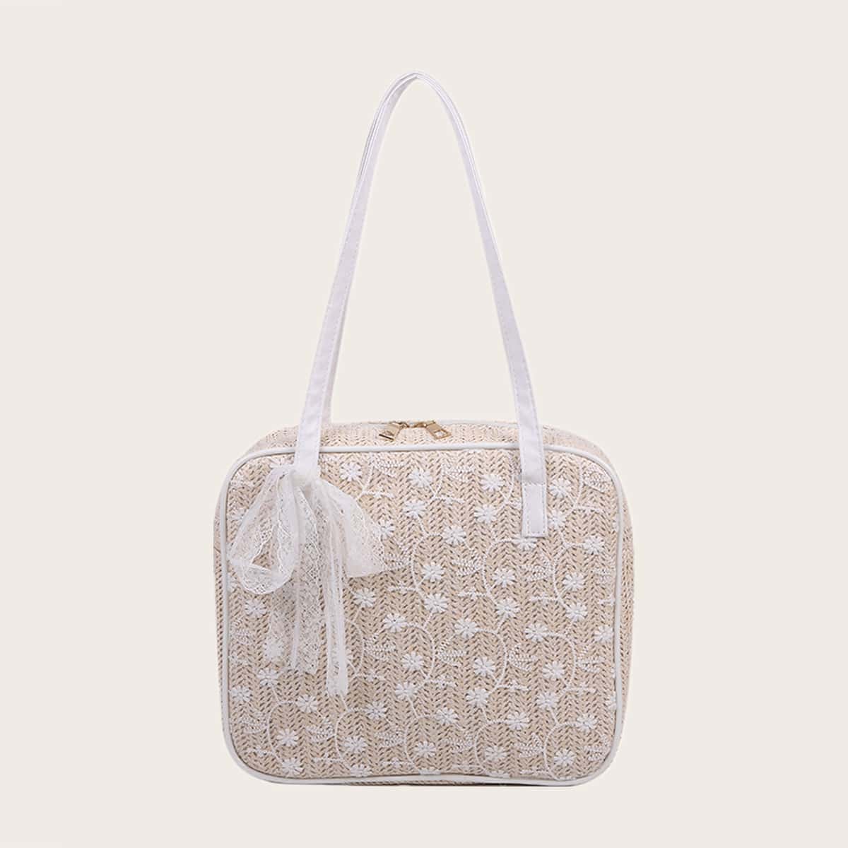

Floral Embroidery Straw Tote Bag, Beige