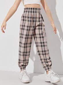 SHEIN Girls Wide Waistband Tartan Trousers - Multicolor - View 1