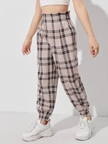 SHEIN Girls Wide Waistband Tartan Trousers - Multicolor - View 3