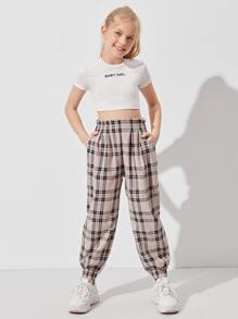 SHEIN Girls Wide Waistband Tartan Trousers - Multicolor - View 4