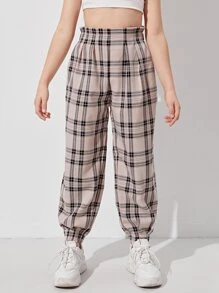 SHEIN Girls Wide Waistband Tartan Trousers - Multicolor - View 5