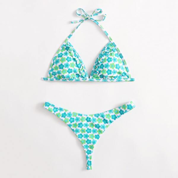 

Floral Print Frill Halter Bikini Swimsuit, Multicolor
