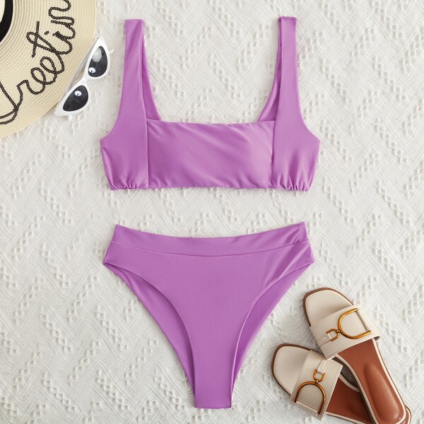 

Square Neck High Waisted Bikini Swimsuit, Purple