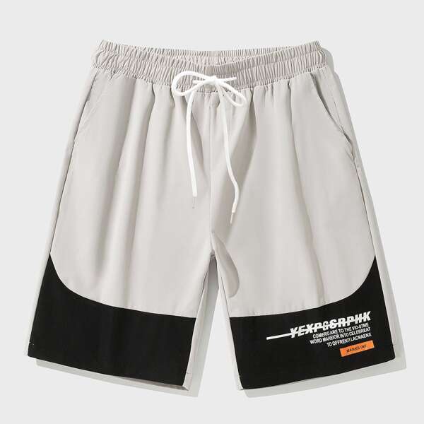 

Men Contrast Panel Slogan Graphic Shorts, White