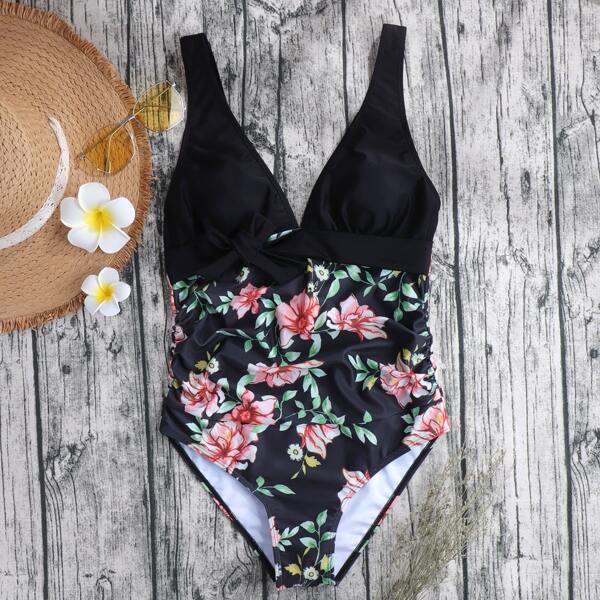 

Maternity Floral Knot Front One Piece Swimsuit, Black