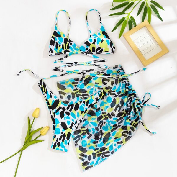 

3pack Colorblock Bikini Swimsuit With Beach Skirt, Multicolor