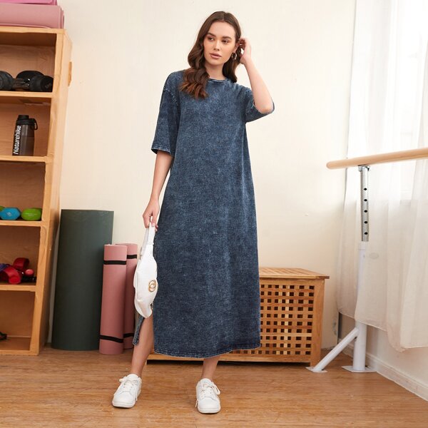 

Drop Shoulder Split Hem Dress, Navy blue