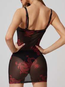 SHEIN SXY Chinese Dragon Print Sheer Mesh Bodycon Dress - Black - View 2