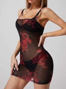SHEIN SXY Chinese Dragon Print Sheer Mesh Bodycon Dress - Black - View 3