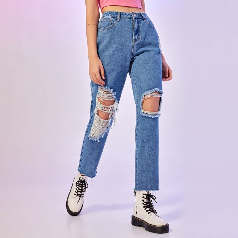 

Ripped Straight Leg Jeans, Blue