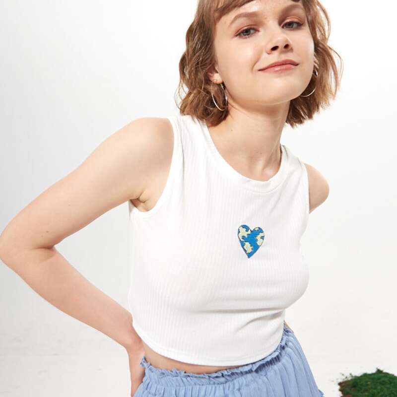 

Heart Embroidery Ribbed Tank Top, White