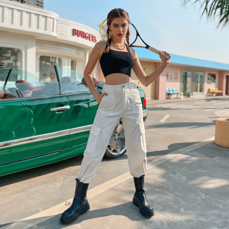 

Halter Neck Crop Ribbed Knit Top, Black