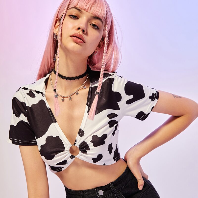 

Cow Print Ring Decor Crop Tee, Black and white