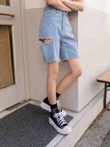 DAZY Ripped Raw Hem Denim Shorts - Medium Wash - View 1