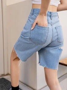 DAZY Ripped Raw Hem Denim Shorts - Medium Wash - View 2