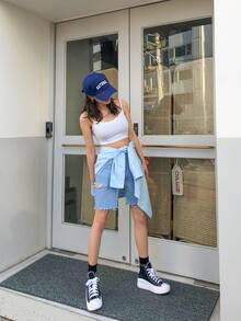 DAZY Ripped Raw Hem Denim Shorts - Medium Wash - View 3