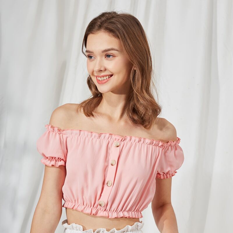 

Off The Shoulder Button Crop Top, Pink