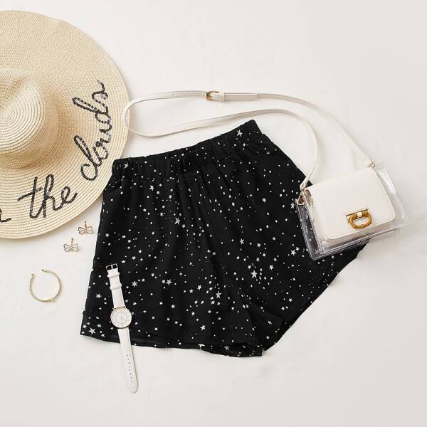 

Star Print Elastic Waist Shorts, Black