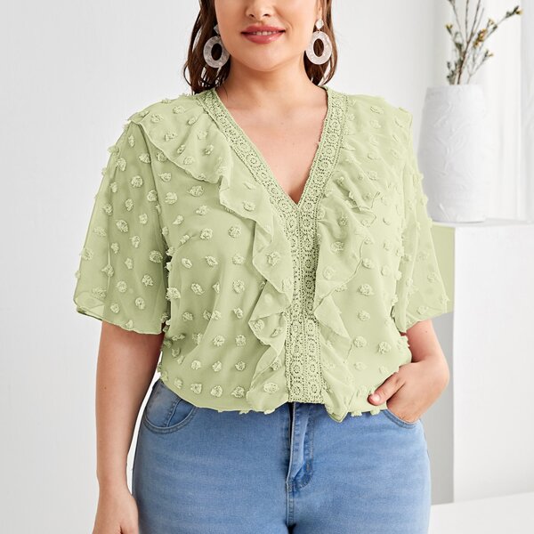 

Plus Swiss Dot Ruffle Trim Blouse, Lime green