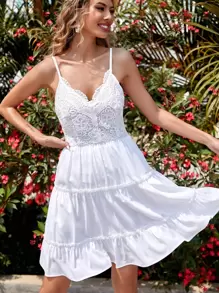 拼接蕾絲褶邊吊帶連衣裙 - 白色 - 查看 1