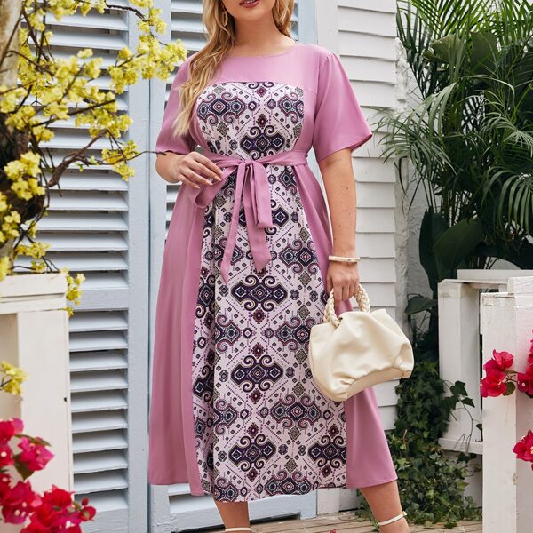 

Plus Geo Print Panel Belted Dress, Dusty pink