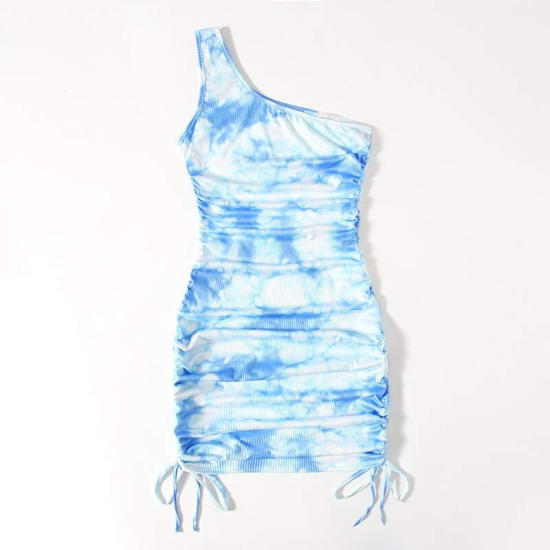 

Tie Dye One Shoulder Drawstring Dress, Blue and white