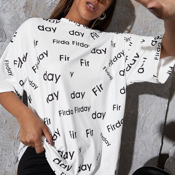 

Allover Letter Print Oversized Tee, White