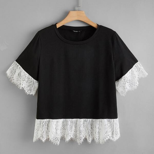 

Plus Contrast Lace Tee, Black