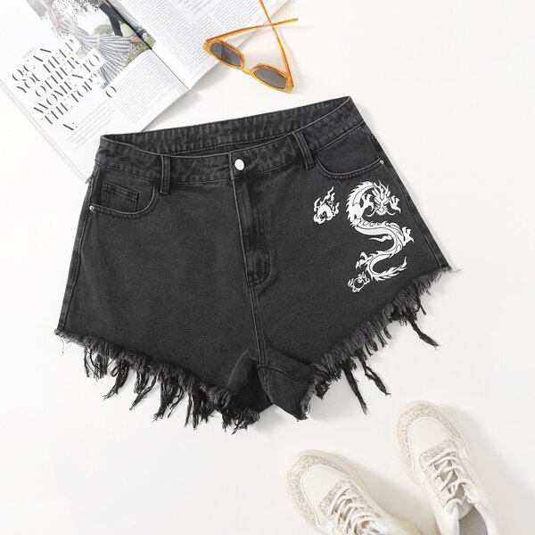 

Plus Chinese Dragon Graphic Raw Hem Denim Shorts, Black