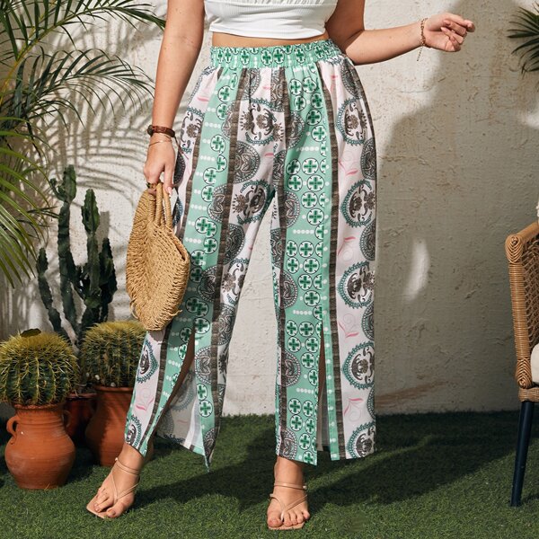 

Plus Paisley & Graphic Print Slit Hem Pants, Multicolor