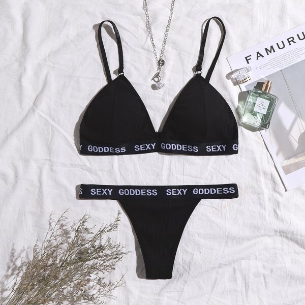 

Letter Tape Lingerie Set, Black