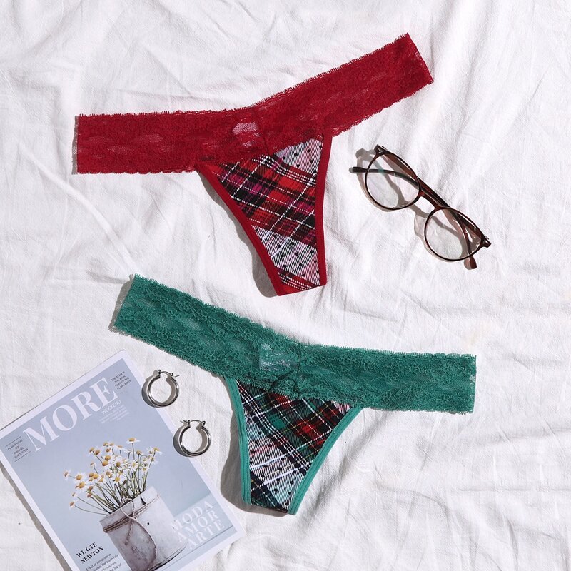 

2pack Plaid Contrast Lace Panty Set, Multicolor