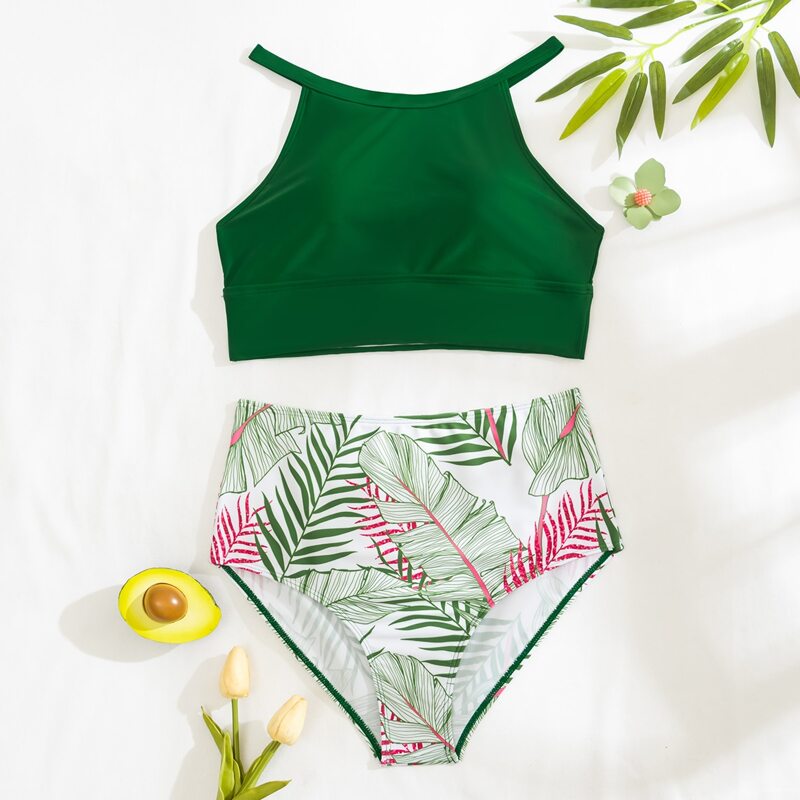 

Random Tropical High Waist Bikini Swimsuit, Multicolor
