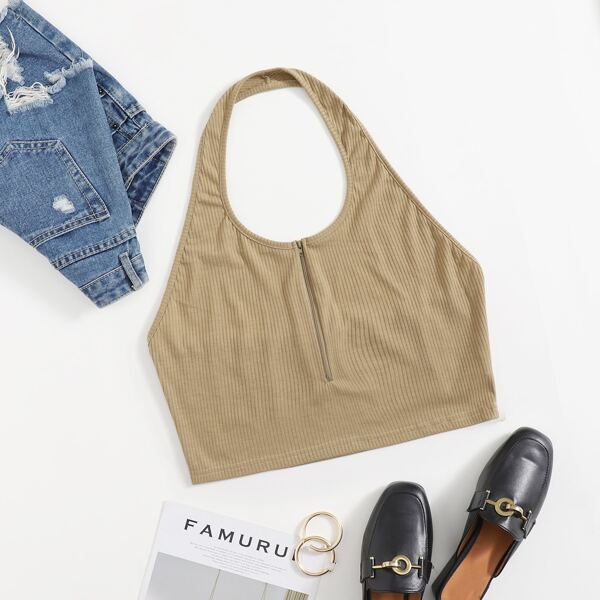 

Plus Zipper Front Crop Halter Top, Khaki