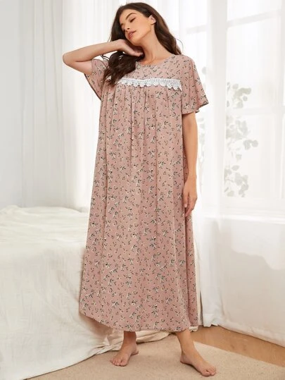 SHEIN Unity Lace Trim Ditsy Floral Nightdress Nightgown, Moo Moo