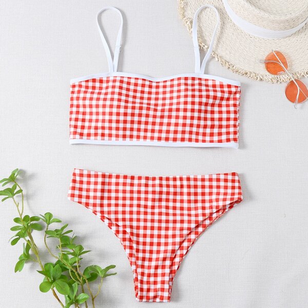 

Gingham Pattern Bikini Swimsuit, Red and white