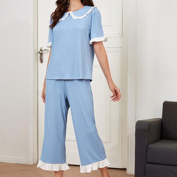 

Peter Pan Collar Frill Trim Top & Pants PJ Set, Blue