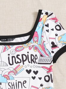 Mulvari Contrast Binding Letter and Cartoon Graphic Bodysuit - Multicolor - View 3