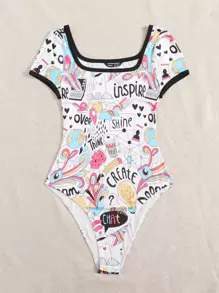 Mulvari Contrast Binding Letter and Cartoon Graphic Bodysuit - Multicolor - View 5