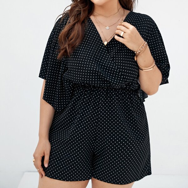 

Plus Polka Dot Butterfly Sleeve Romper, Black