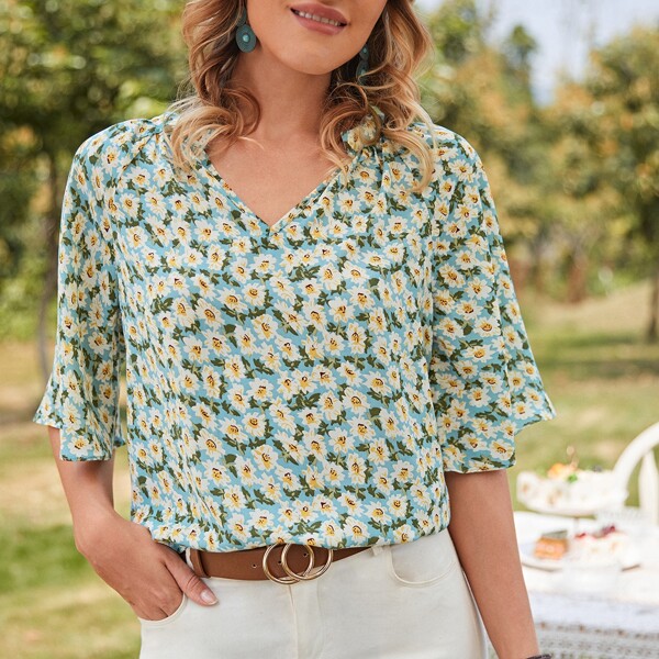 

Allover Floral Notched Neck Blouse, Multicolor