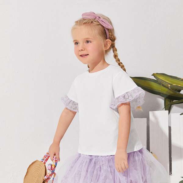 

Toddler Girls Floral Embroidered Mesh Cuff Top, White