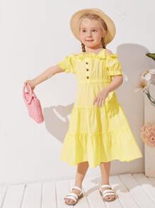 SHEIN Vestido De Botones Delanteros Con Adornos De Volantes Con Hombros Al Descubierto Para Niñas Pequeñas - Amarillo - Ver 3