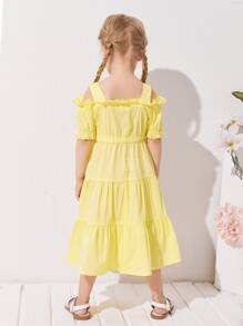 SHEIN Vestido De Botones Delanteros Con Adornos De Volantes Con Hombros Al Descubierto Para Niñas Pequeñas - Amarillo - Ver 2