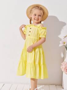 SHEIN Vestido De Botones Delanteros Con Adornos De Volantes Con Hombros Al Descubierto Para Niñas Pequeñas - Amarillo - Ver 4