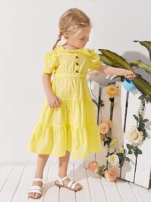 SHEIN Vestido De Botones Delanteros Con Adornos De Volantes Con Hombros Al Descubierto Para Niñas Pequeñas - Amarillo - Ver 1